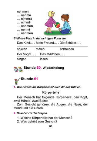 68
nehmen
… nehme
… nimmst
… nimmt
… nehmen
… nehmt
… nehmen
Stell das Verb in der richtigen Form ein.
Das Kind… . Mein Freund… . Die Schüler… .
spielen 	 malen 	 schreiben
Der Vogel… .	 Das Mädchen… .
singen			 lesen
Stunde 60. Wiederholung
Stunde 61
1. Wie heißen die Körperteile? Sieh dir das Bild an.
Körperteile
Der Mensch hat folgende Körperteile: den Kopf,
zwei Hände, zwei Beine.
Zum Gesicht gehören: die Augen, die Nase, der
Mund und die Ohren.
2. Beantworte die Fragen.
1. Welche Körperteile hat der Mensch?
2. Was gehört zum Gesicht?
 