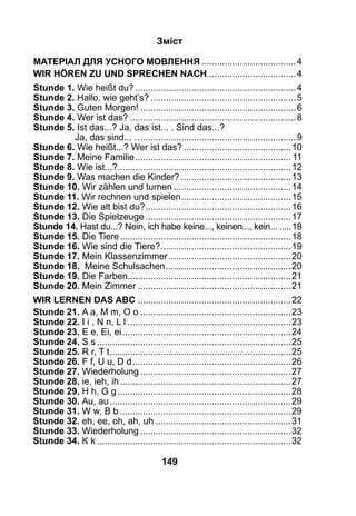 149
Зміст
Матеріал для усного мовлення......................................4
Wir hören ZU und sprechen NACH....................................4
Stunde 1. Wie heißt du?................................................................4
Stunde 2. Hallo, wie geht’s?..........................................................5
Stunde 3. Guten Morgen!..............................................................6
Stunde 4. Wer ist das?..................................................................8
Stunde 5. Ist das...? Ja, das ist... . Sind das...?
Ja, das sind... ................................................................9
Stunde 6. Wie heißt...? Wer ist das?...........................................10
Stunde 7. Meine Familie.............................................................. 11
Stunde 8. Wie ist...?.....................................................................12
Stunde 9. Was machen die Kinder?............................................13
Stunde 10. Wir zählen und turnen...............................................14
Stunde 11. Wir rechnen und spielen............................................15
Stunde 12. Wie alt bist du?..........................................................16
Stunde 13. Die Spielzeuge..........................................................17
Stunde 14. Hast du...? Nein, ich habe keine..., keinen..., kein.........18
Stunde 15. Die Tiere....................................................................18
Stunde 16. Wie sind die Tiere?....................................................19
Stunde 17. Mein Klassenzimmer.................................................20
Stunde 18. Meine Schulsachen..................................................20
Stunde 19. Die Farben................................................................21
Stunde 20. Mein Zimmer.............................................................21
Wir lernen das ABC.............................................................22
Stunde 21. A a, M m, O o............................................................23
Stunde 22. I i , N n, L l.................................................................23
Stunde 23. E e, Ei, ei...................................................................24
Stunde 24. S s.............................................................................25
Stunde 25. R r, T t........................................................................25
Stunde 26. F f, U u, D d...............................................................26
Stunde 27. Wiederholung............................................................27
Stunde 28. ie, ieh, ih....................................................................27
Stunde 29. H h, G g.....................................................................28
Stunde 30. Au, au........................................................................29
Stunde 31. W w, B b....................................................................29
Stunde 32. eh, ee, oh, ah, uh......................................................31
Stunde 33. Wiederholung............................................................32
Stunde 34. K k.............................................................................32
 