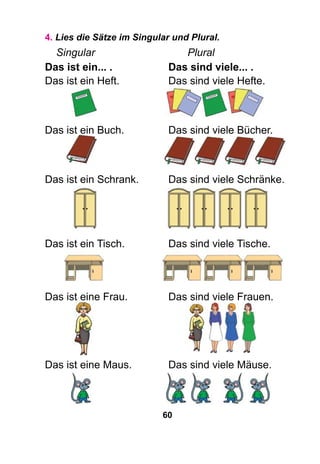 60
4. Lies die Sätze im Singular und Plural.
Singular				 Plural
Das ist ein... . 	 Das sind viele... .
Das ist ein Heft.	 Das sind viele Hefte.
Das ist ein Buch.	 Das sind viele Bücher.
Das ist ein Schrank.	 Das sind viele Schränke.
Das ist ein Tisch.	 Das sind viele Tische.
Das ist eine Frau.	 Das sind viele Frauen.
Das ist eine Maus.	 Das sind viele Mäuse.
 