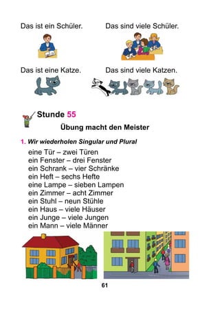 61
Das ist ein Schüler.	 Das sind viele Schüler.
Das ist eine Katze.	 Das sind viele Katzen.
Stunde 55
Übung macht den Meister
1. Wir wiederholen Singular und Plural
eine Tür – zwei Türen
ein Fenster – drei Fenster
ein Schrank – vier Schränke
ein Heft – sechs Hefte
eine Lampe – sieben Lampen
ein Zimmer – acht Zimmer
ein Stuhl – neun Stühle
ein Haus – viele Häuser
ein Junge – viele Jungen
ein Mann – viele Männer
 