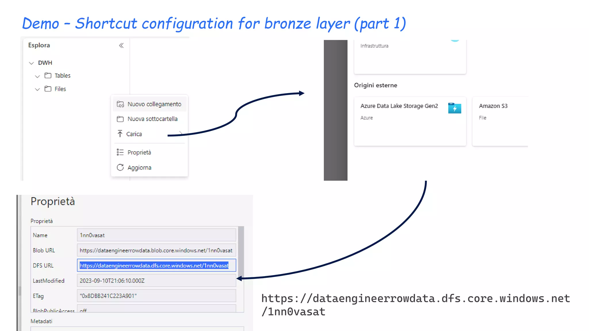 Demo – Shortcut configuration for bronze layer (part 1)
https://dataengineerrowdata.dfs.core.windows.net
/1nn0vasat
 
