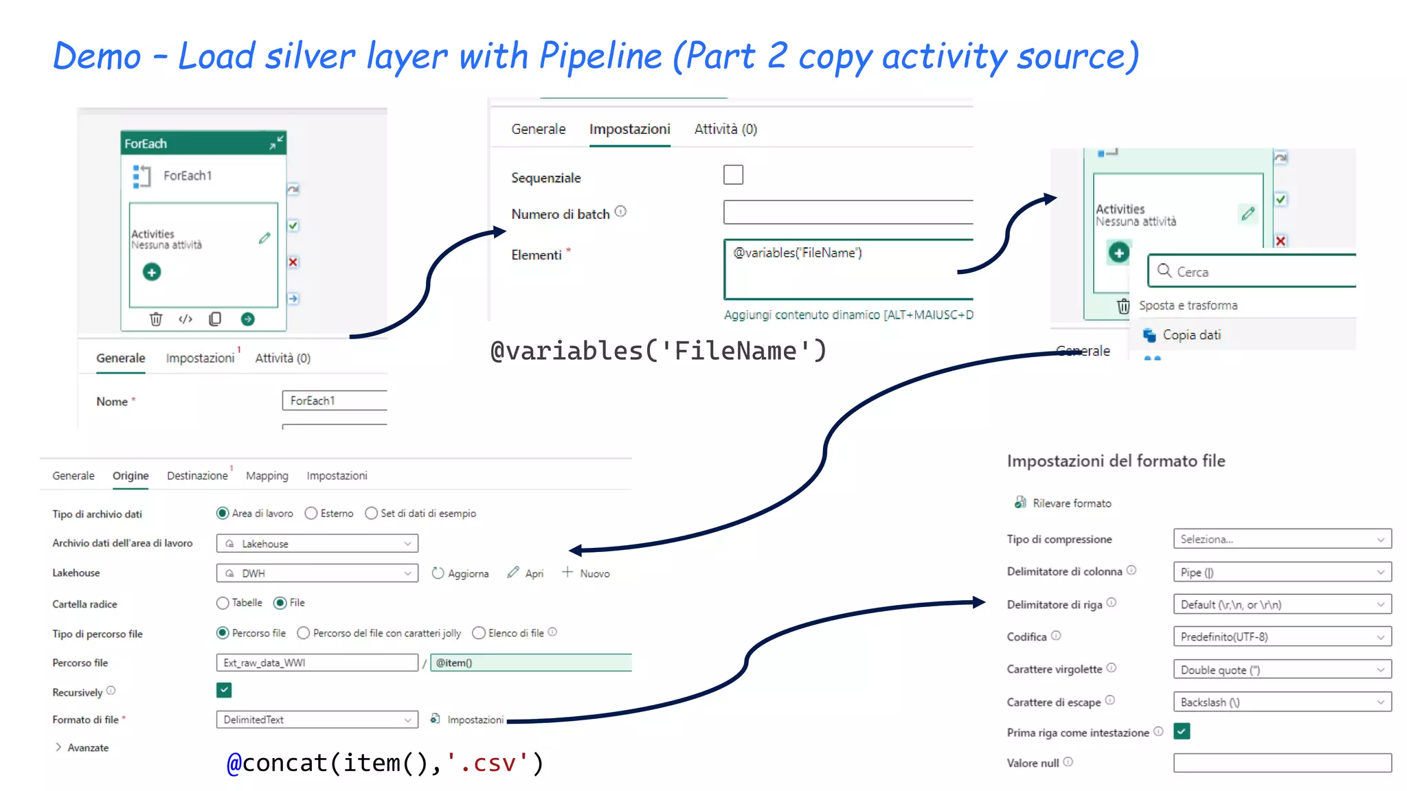 Demo – Load silver layer with Pipeline (Part 2 copy activity source)
@variables('FileName')
@concat(item(),'.csv')
 