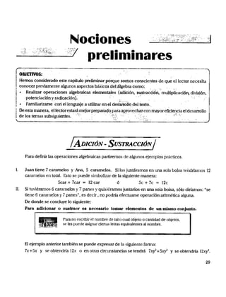 l__o&lmv_os ___ t___pA___op_p_|Fo___e0psnlq)___gm__s_cs|na_________rJ g_/_ qs _ _ n ___hm__;;_
_ '' ,s,''
' _ '' ____ __, ..,.-,_,_, _',-. ,-,,,;_,_n_
_ '_ ' _,____is_-,._,;X?,e_v-,_v_- ,,,_;;_/_ _ f
_ M "__ N N N _ _ 'w_ _ _ " _ _ __ __ ___ _ _m_ __=; _-"_____"_-_
t, Hemos co_,.de,,do e,,e _ _,u,o _,.,m,.,,, o., ue som,, cons,_,.en,es de ___ e, ,ec_o, eces,.,, _
!_ conocer prevîamente al_unos aspecto_ b_icos de_ __ebra _omo:
i_ ReaIizar operaci0nes a_ebraicas ele_n_les (adici6n, _ust_acci6n, multiRlicaci6n, di_i6n,
_ potenciaci_nyradtcací6nJ. '' ' _, sv _s __
_. _am__i_'2arse con e_ _engua_e a uu__izar en el de; __,_0 del texto. '
' _ ;
!, De est_ m0_ra, el lector estar_ mejor pre, parado para _provechar con mayoc er_cencia el desanollo __
_delostemassubsigu.îentes, , _;_ :?,,_';/__. ' _,_-: , _''''X''
_^^^ ^^'-'^^
_' DrcróN - usrRi1ccr_N ?
Para de F_nir las operaciones algebraicas partiremos de algunos ejemplos prácticos.
_. Juan liene 7 caramelos y Ana_ 5 caramelos. Si los junt_ramos en una sola bolsa tendríamos l2
caramelos en total. Esto se puede simbolizar de la siguienle manera:
5car + 7car = l2 car 6 5c + 7c = l2c
Il. Si tuvieramos 6 caramelos y 7 panes y quisiéramos juntarlos en una sola bolsa, sólo diríamos: "se
tiene 6 caramelos y 7 panes'', es decir, no podía e Fectuarse operación antmética alguna,
De donde se concluye lo siguien_e:
P__ adicionaf o sustr_er e8 neces8rio tom_ elementos de un mis_no conJunto.
, ,_ Para no escribir e1 nombre de taI o cual obJelo o cantidad de objetos,
_,, _ O _o ,_, se les puede asignar ciertas letras equivalenles al nombre.
El ejemplo anterior tambien se puede expresar de la siguiente fonna:
7x+5x y se obtendría I2x o en otras circuns_ancias se tendr_ 7_+5_ y se obtend_a I_.
29
 