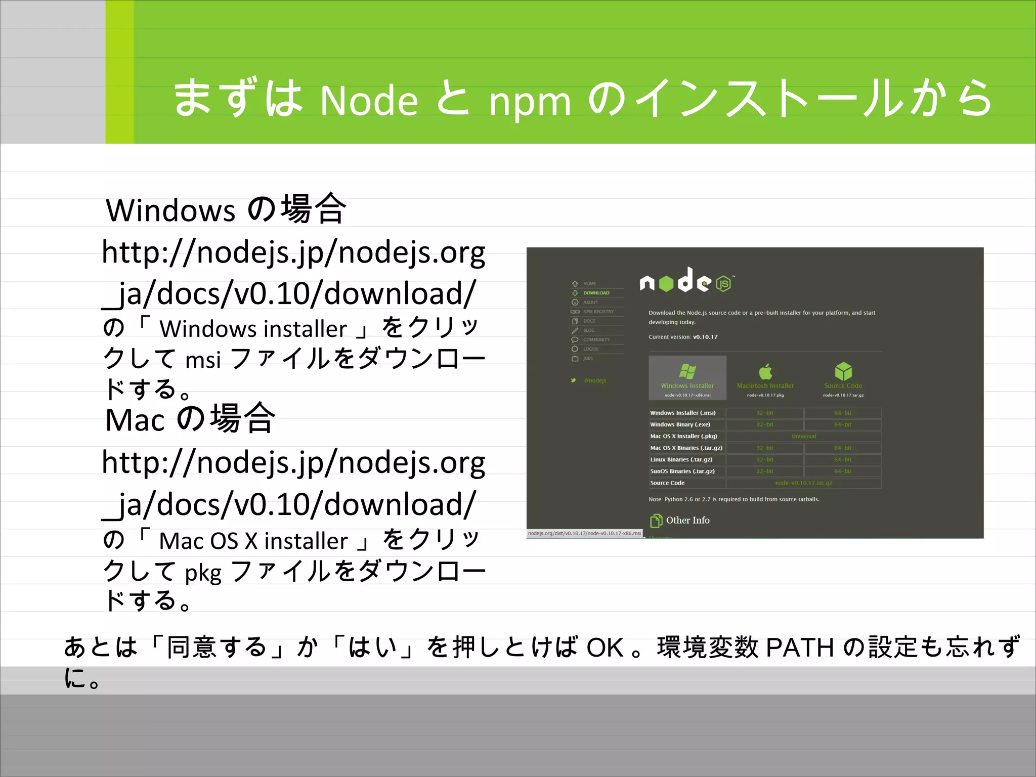　 Windows の場合
http://nodejs.jp/nodejs.org
_ja/docs/v0.10/download/
の「 Windows installer 」をクリッ
クして msi ファイルをダウンロー
ドする。
まずは Node と npm のインストールから
　 Mac の場合
http://nodejs.jp/nodejs.org
_ja/docs/v0.10/download/
の「 Mac OS X installer 」をクリッ
クして pkg ファイルをダウンロー
ドする。
あとは「同意する」か「はい」を押しとけば OK 。環境変数 PATH の設定も忘れず
に。
 
