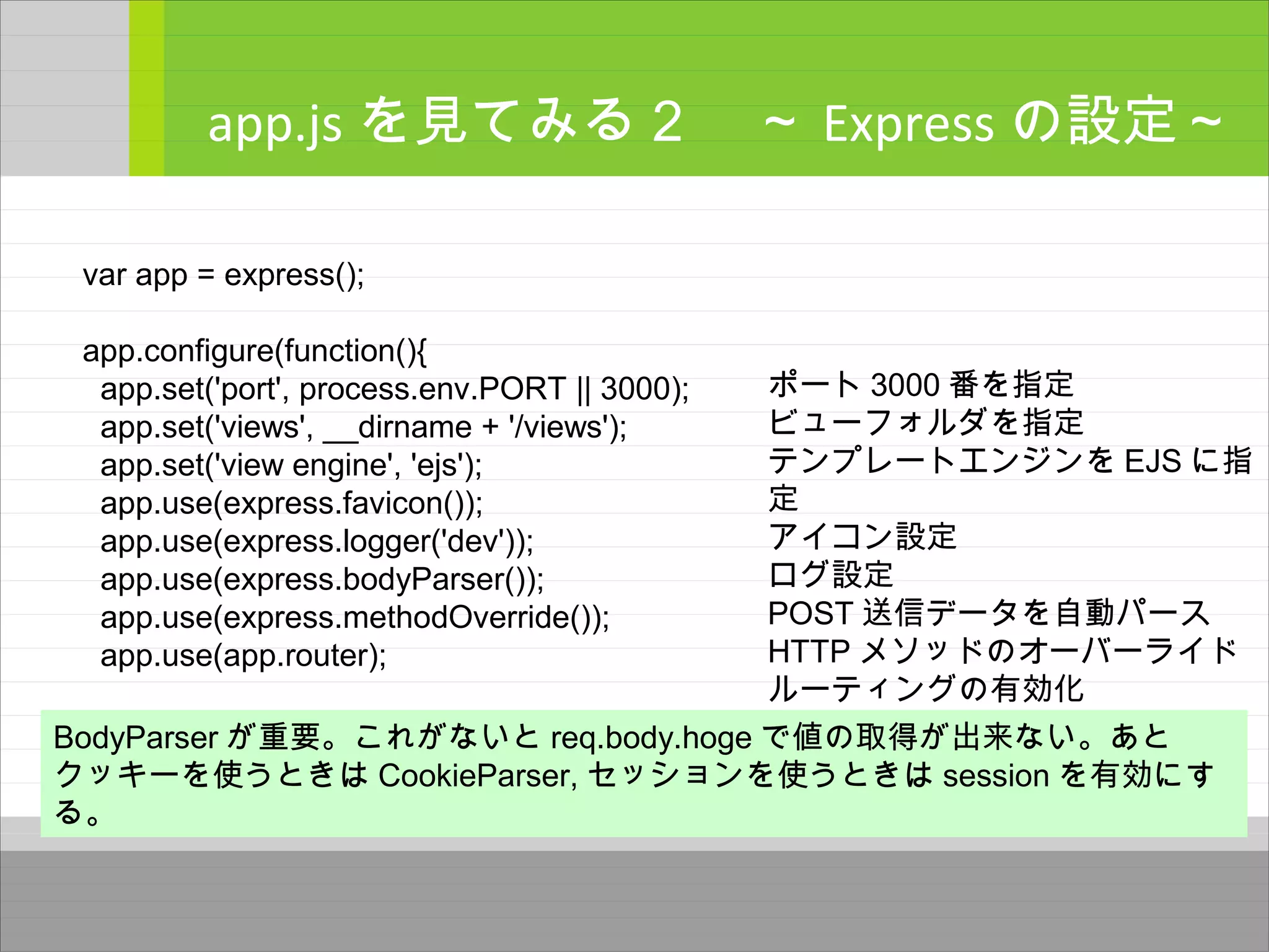 app.js を見てみる２　～ Express の設定～
var app = express();
app.configure(function(){
app.set('port', process.env.PORT || 3000);
app.set('views', __dirname + '/views');
app.set('view engine', 'ejs');
app.use(express.favicon());
app.use(express.logger('dev'));
app.use(express.bodyParser());
app.use(express.methodOverride());
app.use(app.router);
ポート 3000 番を指定
ビューフォルダを指定
テンプレートエンジンを EJS に指
定
アイコン設定
ログ設定
POST 送信データを自動パース
HTTP メソッドのオーバーライド
ルーティングの有効化
BodyParser が重要。これがないと req.body.hoge で値の取得が出来ない。あと
クッキーを使うときは CookieParser, セッションを使うときは session を有効にす
る。
 