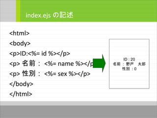 <html>
<body>
<p>ID:<%= id %></p>
<p> 名前： <%= name %></p>
<p> 性別： <%= sex %></p>
</body>
</html>
index.ejs の記述
ID : 20
名前 : 野戸　太郎
性別 : 0
 