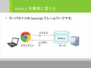• サーバサイドの Javascript フレームワークです。
Node.js を簡単に言うと・・・
クライアント サーバ
Node.js
リクエス
ト
レスポン
ス
 