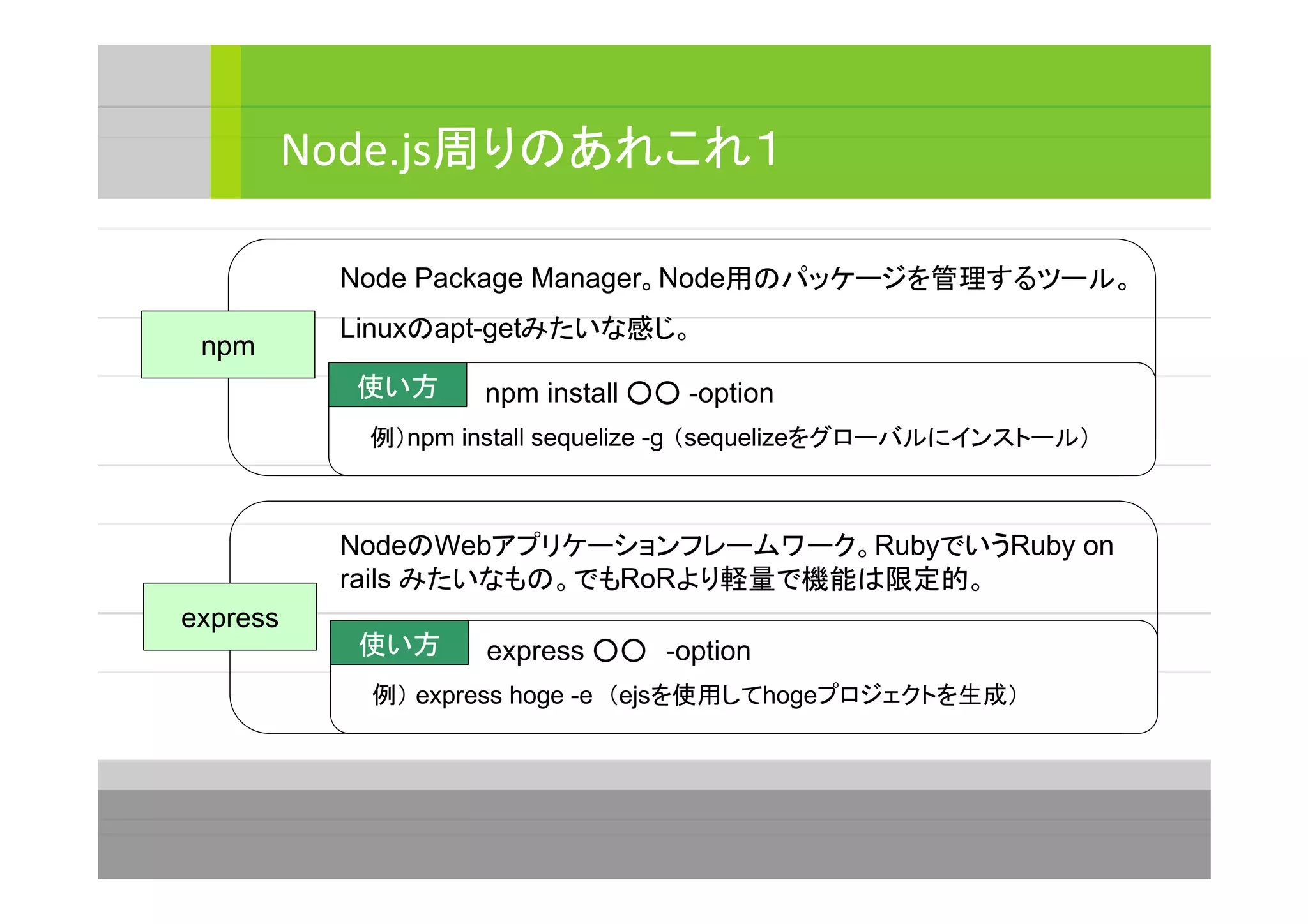 Node.js周りのあれこれ１
npm
Node Package Manager。Node用のパッケージを管理するツール。
Linuxのapt-getみたいな感じ。
使い方 npm install ○○ -option
例）npm install sequelize -g （sequelizeをグローバルにインストール）
express
NodeのWebアプリケーションフレームワーク。RubyでいうRuby on
rails みたいなもの。でもRoRより軽量で機能は限定的。
使い方 express ○○　-option
例） express hoge -e （ejsを使用してhogeプロジェクトを生成）
 