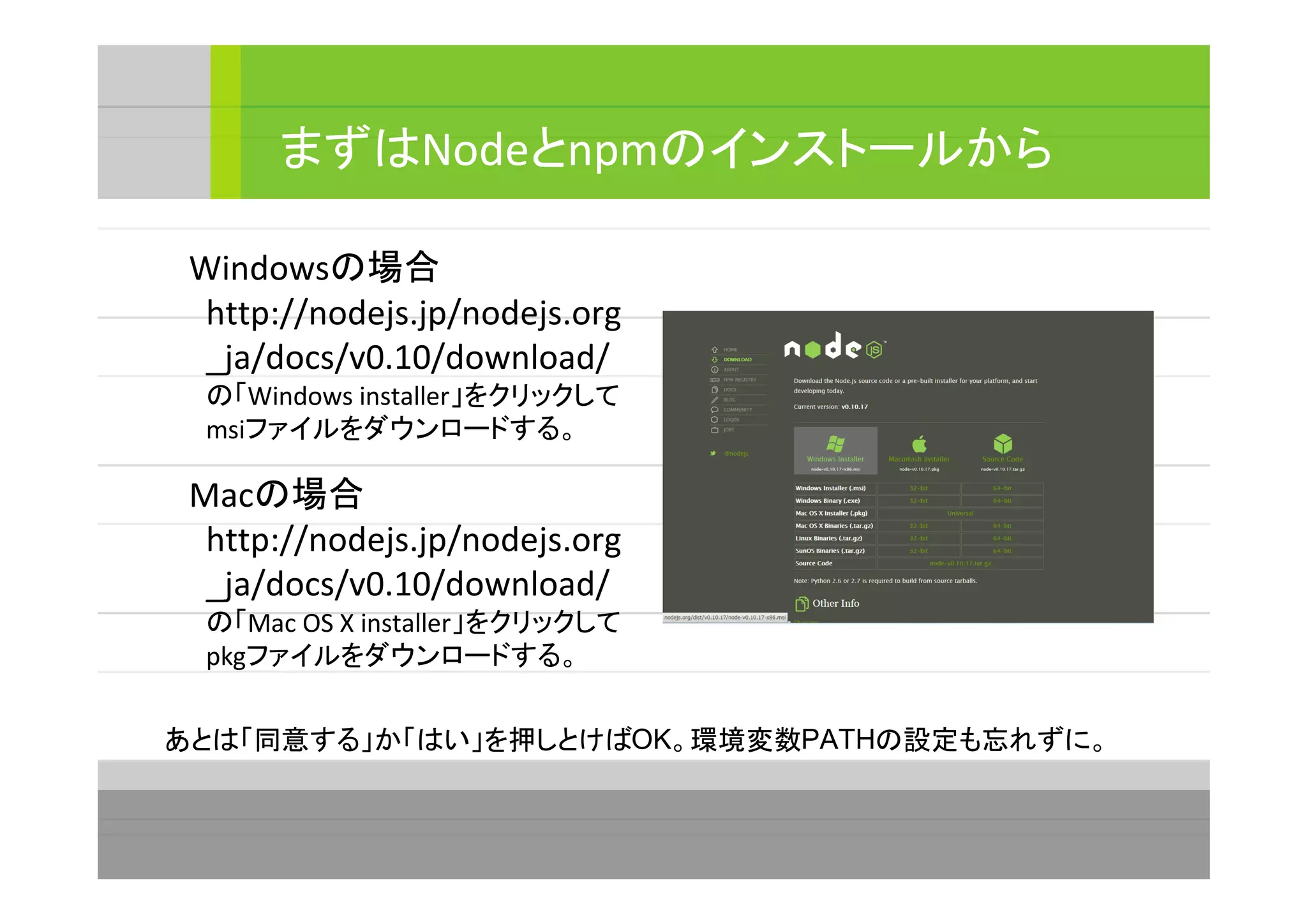 　Windowsの場合
http://nodejs.jp/nodejs.org
_ja/docs/v0.10/download/
の「Windows installer」をクリックして
msiファイルをダウンロードする。
まずはNodeとnpmのインストールから
　Macの場合
http://nodejs.jp/nodejs.org
_ja/docs/v0.10/download/
の「Mac OS X installer」をクリックして
pkgファイルをダウンロードする。
あとは「同意する」か「はい」を押しとけばOK。環境変数PATHの設定も忘れずに。
 