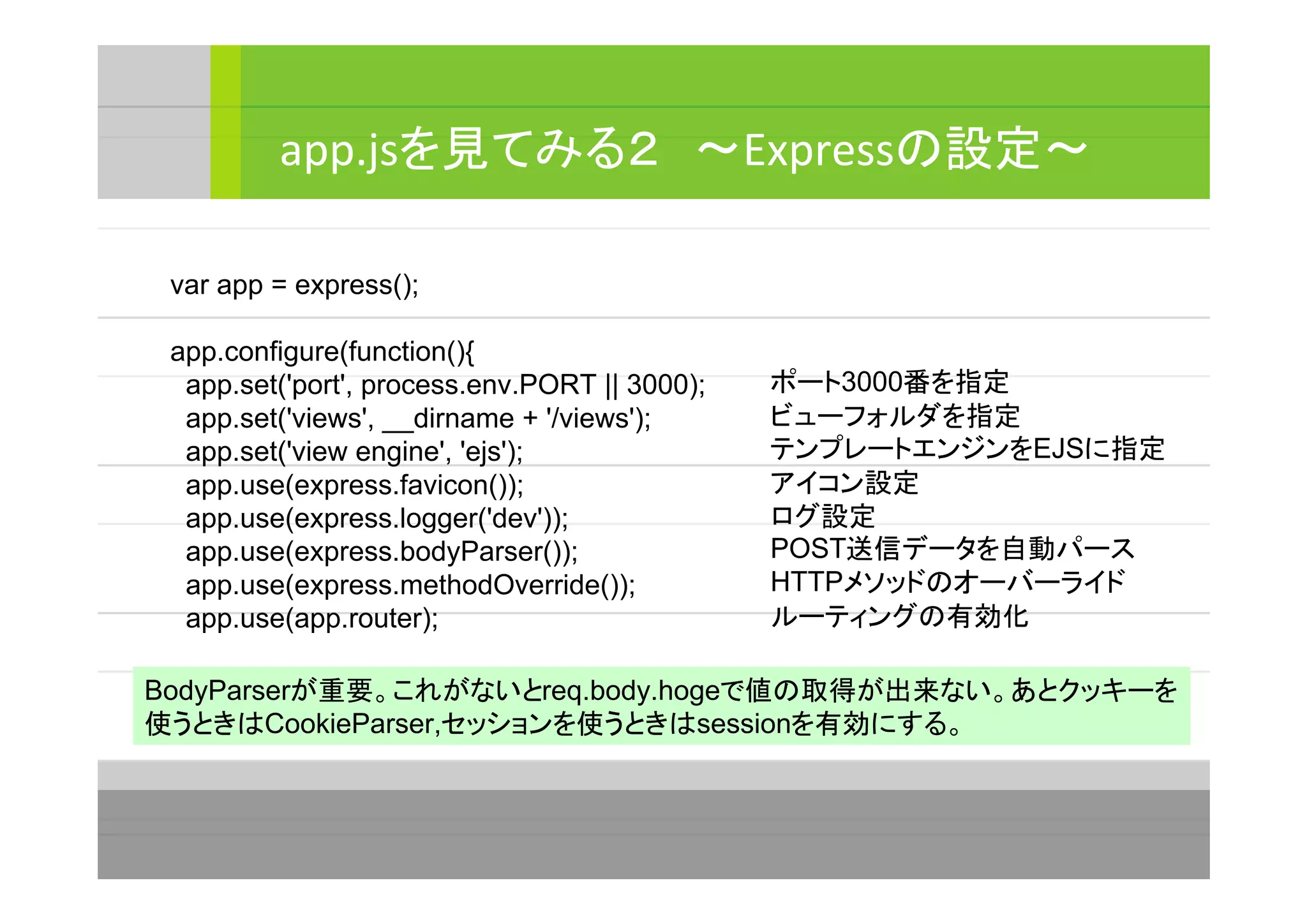 app.jsを見てみる２　～Expressの設定～
var app = express();
app.configure(function(){
app.set('port', process.env.PORT || 3000);
app.set('views', __dirname + '/views');
app.set('view engine', 'ejs');
app.use(express.favicon());
app.use(express.logger('dev'));
app.use(express.bodyParser());
app.use(express.methodOverride());
app.use(app.router);
ポート3000番を指定
ビューフォルダを指定
テンプレートエンジンをEJSに指定
アイコン設定
ログ設定
POST送信データを自動パース
HTTPメソッドのオーバーライド
ルーティングの有効化
BodyParserが重要。これがないとreq.body.hogeで値の取得が出来ない。あとクッキーを
使うときはCookieParser,セッションを使うときはsessionを有効にする。
 