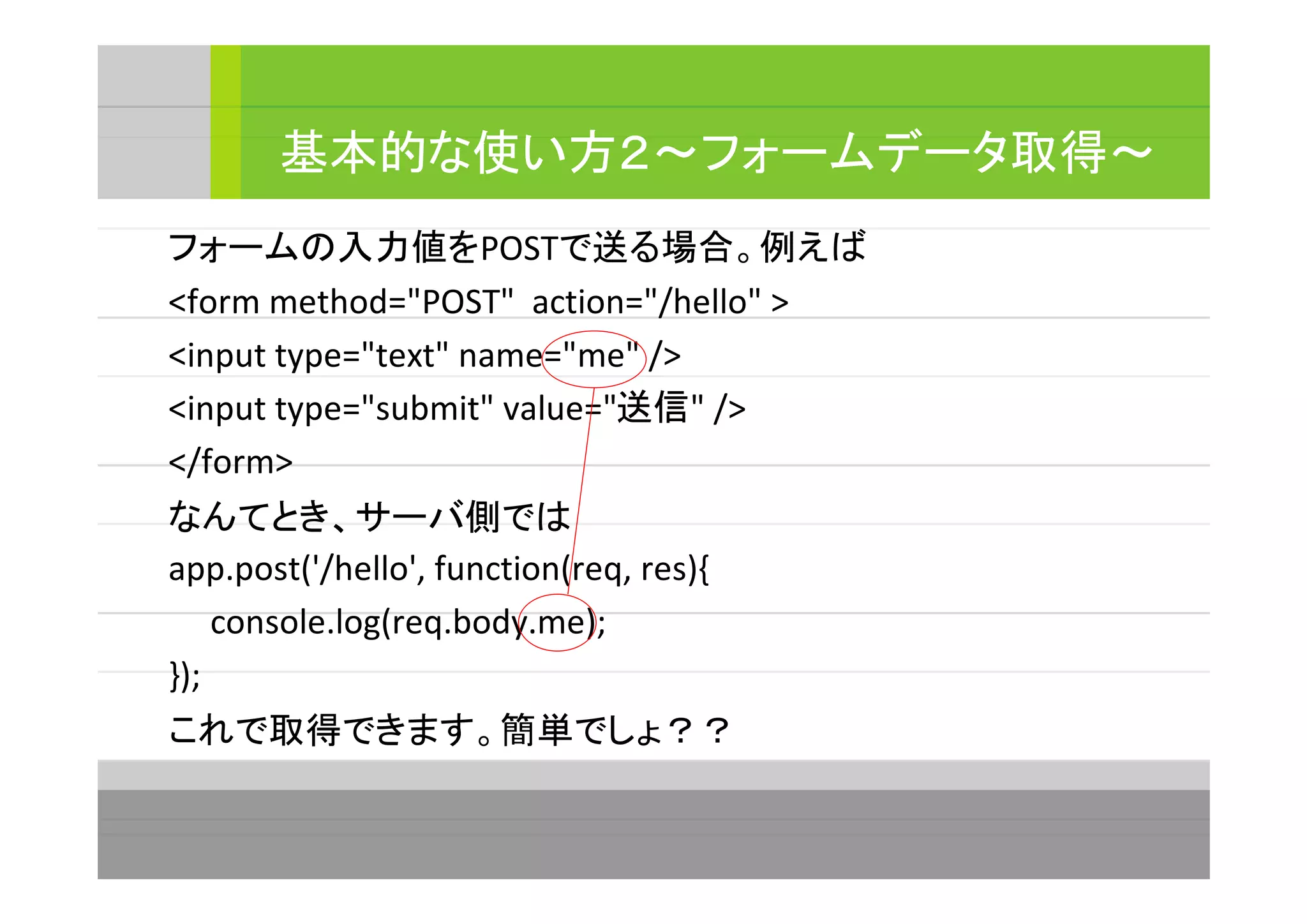 フォームの入力値をPOSTで送る場合。例えば
<form method="POST" action="/hello" >
<input type="text" name="me" />
<input type="submit" value="送信" />
</form>
なんてとき、サーバ側では
app.post('/hello', function(req, res){
console.log(req.body.me);
});
これで取得できます。簡単でしょ？？
基本的な使い方２～フォームデータ取得～
 