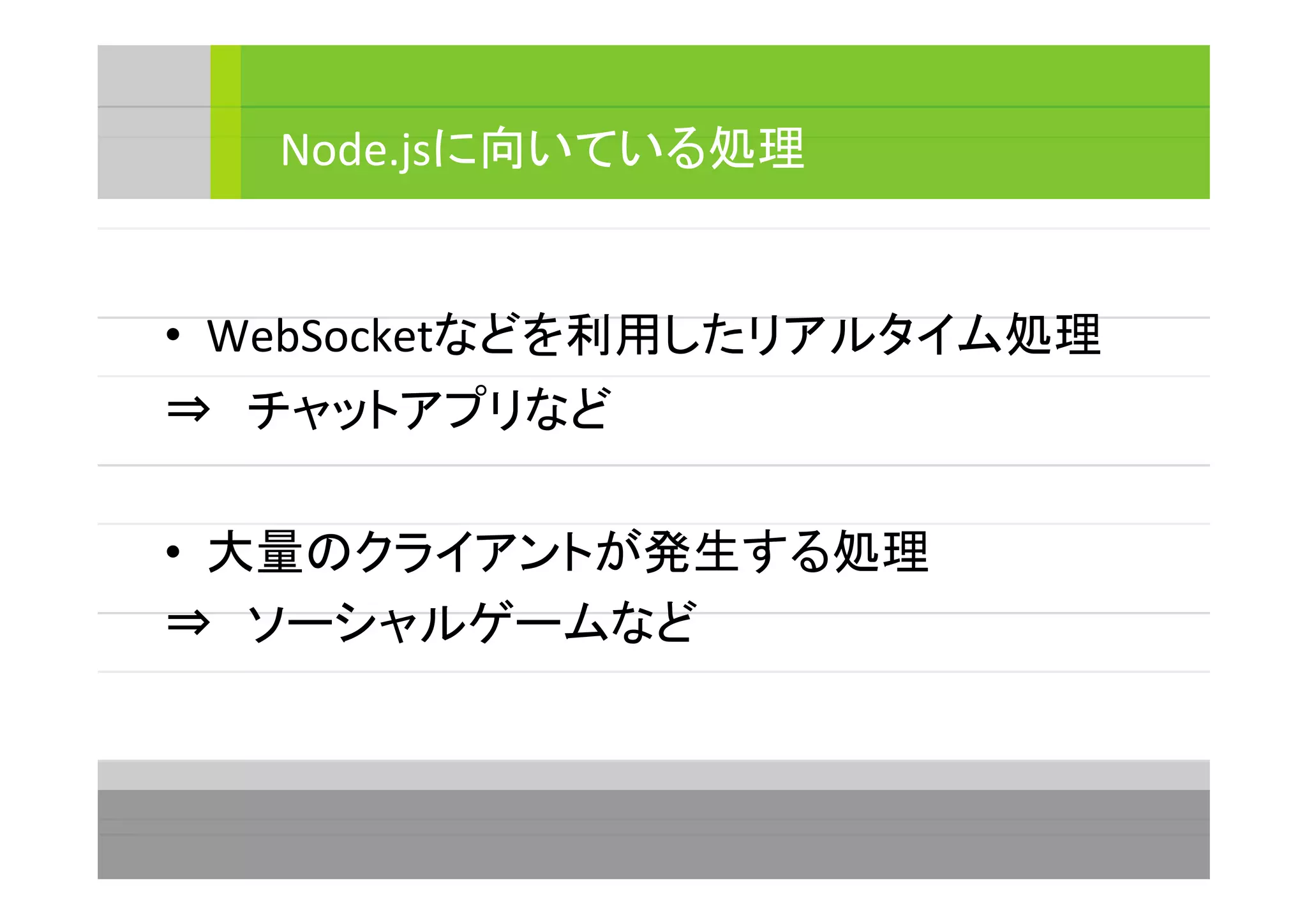 • WebSocketなどを利用したリアルタイム処理
⇒　チャットアプリなど
• 大量のクライアントが発生する処理
⇒　ソーシャルゲームなど
Node.jsに向いている処理
 
