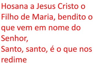 Hosana a Jesus Cristo o
Filho de Maria, bendito o
que vem em nome do
Senhor,
Santo, santo, é o que nos
redime
 