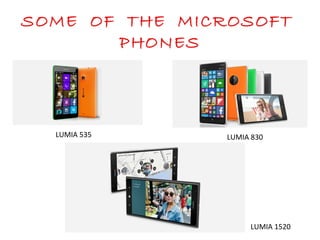 SOME OF THE MICROSOFT
PHONES
LUMIA 535 LUMIA 830
LUMIA 1520
 