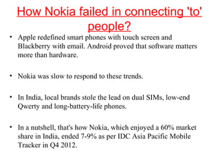 How Nokia failed in connecting 'to'
people?
• Apple redefined smart phones with touch screen and
Blackberry with email. Android proved that software matters
more than hardware.
• Nokia was slow to respond to these trends.
• In India, local brands stole the lead on dual SIMs, low-end
Qwerty and long-battery-life phones.
• In a nutshell, that's how Nokia, which enjoyed a 60% market
share in India, ended 7-9% as per IDC Asia Pacific Mobile
Tracker in Q4 2012.
 