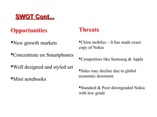 Opportunities
New growth markets
Concentrate on Smartphones
Well designed and styled set
Mini notebooks
Threats
China mobiles – It has made exact
copy of Nokia
Competitors like Samsung & Apple
Sales may decline due to global
economic downturn
Standard & Poor downgraded Nokia
with low grade
SWOT Cont...SWOT Cont...
 
