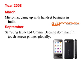 Year 2008
March
Micromax came up with handset business in
India.
September
Samsung launched Omnia. Became dominant in
touch screen phones globally.
 