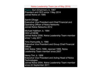 CORPORATE AFFAIRSNokia Leadership Team (as of May 2014)
Rajeev Suri (Chairman), b. 1967
President and CEO since 1 May 2014
Joined Nokia on 1995
Samih Elhage
Executive Vice President and Chief Financial and
Operating Officer of Nokia Networks
Joined Nokia Networks 2012
Michael Halbherr, b. 1964
CEO of HERE
Joined Nokia 2006, Nokia Leadership Team member
since 1 July 2011
Timo Ihamuotila, b. 1966
Executive Vice President and Group Chief Financial
Officer
With Nokia 1993–1996, rejoined 1999, Nokia
Leadership Team member since 2007
Henry Tirri, b. 1956
Executive Vice President and Acting Head of Nokia
Technologies
Joined Nokia 2004, Nokia Leadership Team member
since 22 September 2011
 