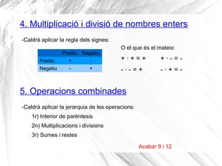4. Multiplicació i divisió de nombres enters 
-Caldrà aplicar la regla dels signes: 
Positiu Negatiu 
Positiu + - 
Negatiu - + 
O el que és el mateix: 
+ · + = + + · - = - 
- · - = + - · + = - 
5. Operacions combinades 
-Caldrà aplicar la jerarquia de les operacions: 
1r) Interior de parèntesis 
2n) Multiplicacions i divisions 
3r) Sumes i restes 
Acabar 9 i 12 
 