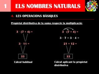 1      ELS NOMBRES NATURALS
    4. LES OPERACIONS BÀSIQUES

    Propietat distributiva de la suma respecte la multiplicació:


        3 · (7 + 4) =                         3 · (7 + 4) =


          3 · 11 =                              21 + 12 =



            33                                    33
      Càlcul habitual                   Càlcul aplicant la propietat
                                        distributiva
 