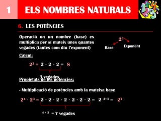 1     ELS NOMBRES NATURALS
    6. LES POTÈNCIES
    Operació on un nombre (base) es
                                                       23
    multiplica per sí mateix unes quantes
    vegades (tantes com diu l’exponent)       Base          Exponent

    Càlcul:

         23 =                8

              3 vegades
    Propietats de les potències:

    - Multiplicació de potències amb la mateixa base

    24 · 23 =                                          27

                4+3   = 7 vegades
 