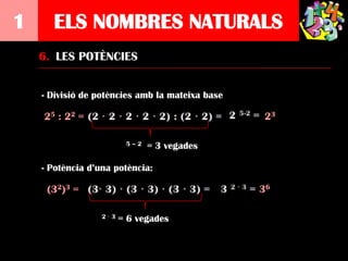 1     ELS NOMBRES NATURALS
    6. LES POTÈNCIES


    - Divisió de potències amb la mateixa base

    25 : 22 =                                     23

                         5–2   = 3 vegades

    - Potència d’una potència:

     (32)3 =                                     36

                  2·3   = 6 vegades
 