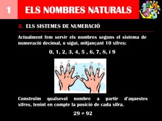 1     ELS NOMBRES NATURALS
    3. ELS SISTEMES DE NUMERACIÓ
    Actualment fem servir els nombres segons el sistema de
    numeració decimal, o sigui, mitjançant 10 xifres:
                 0, 1, 2, 3, 4, 5 , 6, 7, 8, i 9




    Construïm qualsevol nombre a partir d’aquestes
    xifres, tenint en compte la posició de cada xifra.
                            29 ≠ 92
 