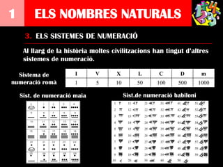 1        ELS NOMBRES NATURALS
     3. ELS SISTEMES DE NUMERACIÓ
     Al llarg de la història moltes civilitzacions han tingut d’altres
     sistemes de numeració.

  Sistema de           I      V      X         L      C       D         m
numeració romà         1      5      10        50     100    500       1000

    Sist. de numeració maia               Sist.de numeració babiloni
 