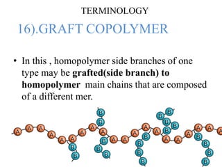 16).GRAFT COPOLYMER
• In this , homopolymer side branches of one
type may be grafted(side branch) to
homopolymer main chains that are composed
of a different mer.
TERMINOLOGY
 