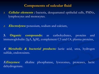 Components of sulcular fluid
1. Cellular elements : bacteria, desquamated epithelial cells, PMNs,
lymphocytes and monocytes.
2. Electrolytes: potassium, sodium and calcium,
3. Organic compounds: as carbohydrates, proteins and
immunoglobulin (IgA, IgM), complement C3 and C4, plasma proteins,
4. Metabolic & bacterial products: lactic acid, urea, hydrogen
sulfide, endotoxinns.
5.Enzymes: alkaline phosphatase, lysozomes, proteases, lactic
dehydrogenase.
 