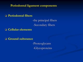 Periodontal ligament components
 Periodontal fibers
-the principal fibers
-Secondary fibers
 Cellular elements
 Ground substance
-Proteoglycans
-Glycoproteins
 