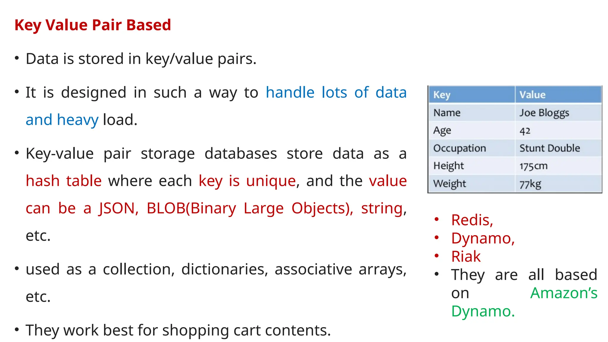 Key Value Pair Based
• Data is stored in key/value pairs.
• It is designed in such a way to handle lots of data
and heavy load.
• Key-value pair storage databases store data as a
hash table where each key is unique, and the value
can be a JSON, BLOB(Binary Large Objects), string,
etc.
• used as a collection, dictionaries, associative arrays,
etc.
• They work best for shopping cart contents.
• Redis,
• Dynamo,
• Riak
• They are all based
on Amazon’s
Dynamo.
 