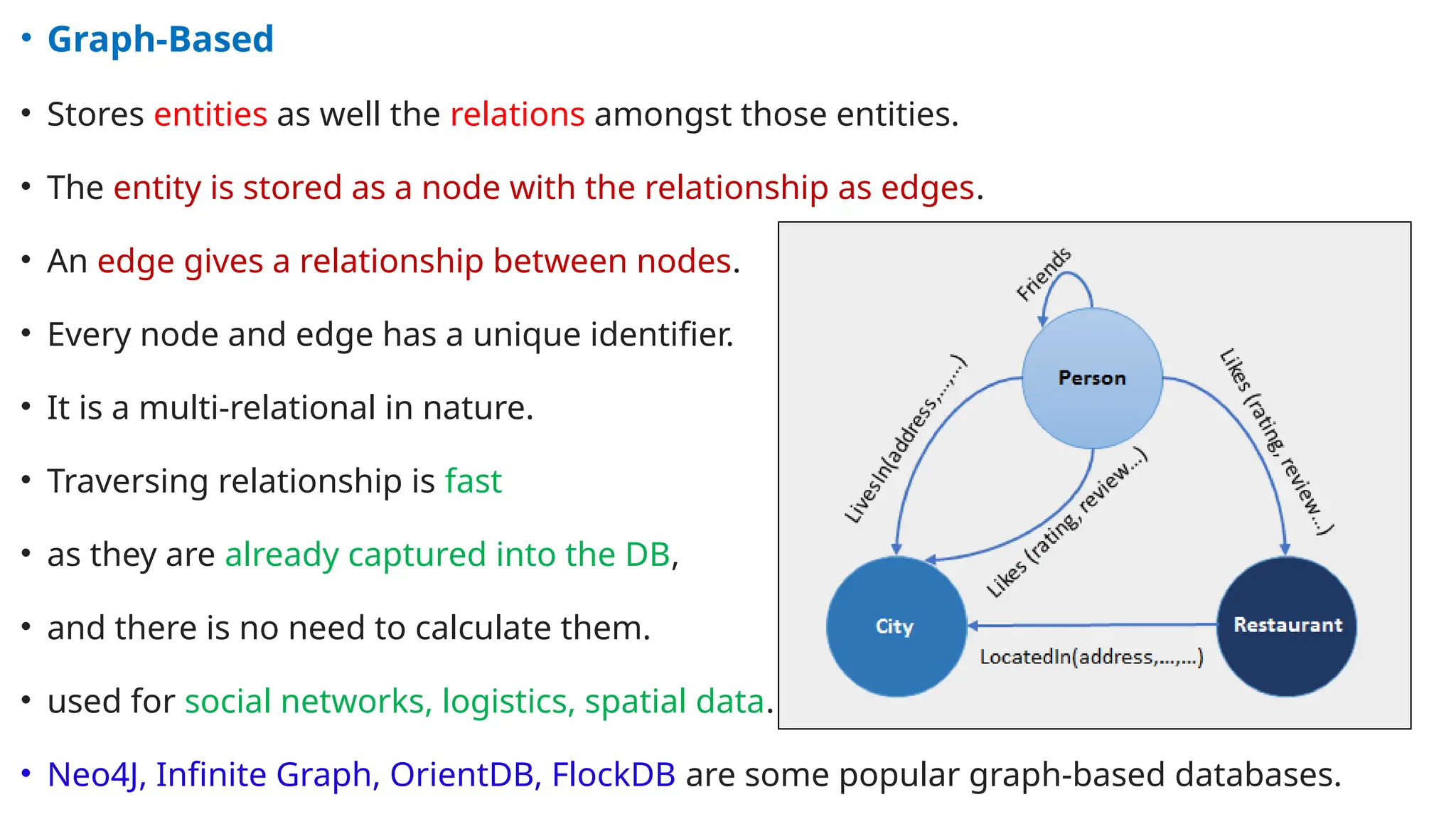 • Graph-Based
• Stores entities as well the relations amongst those entities.
• The entity is stored as a node with the relationship as edges.
• An edge gives a relationship between nodes.
• Every node and edge has a unique identifier.
• It is a multi-relational in nature.
• Traversing relationship is fast
• as they are already captured into the DB,
• and there is no need to calculate them.
• used for social networks, logistics, spatial data.
• Neo4J, Infinite Graph, OrientDB, FlockDB are some popular graph-based databases.
 