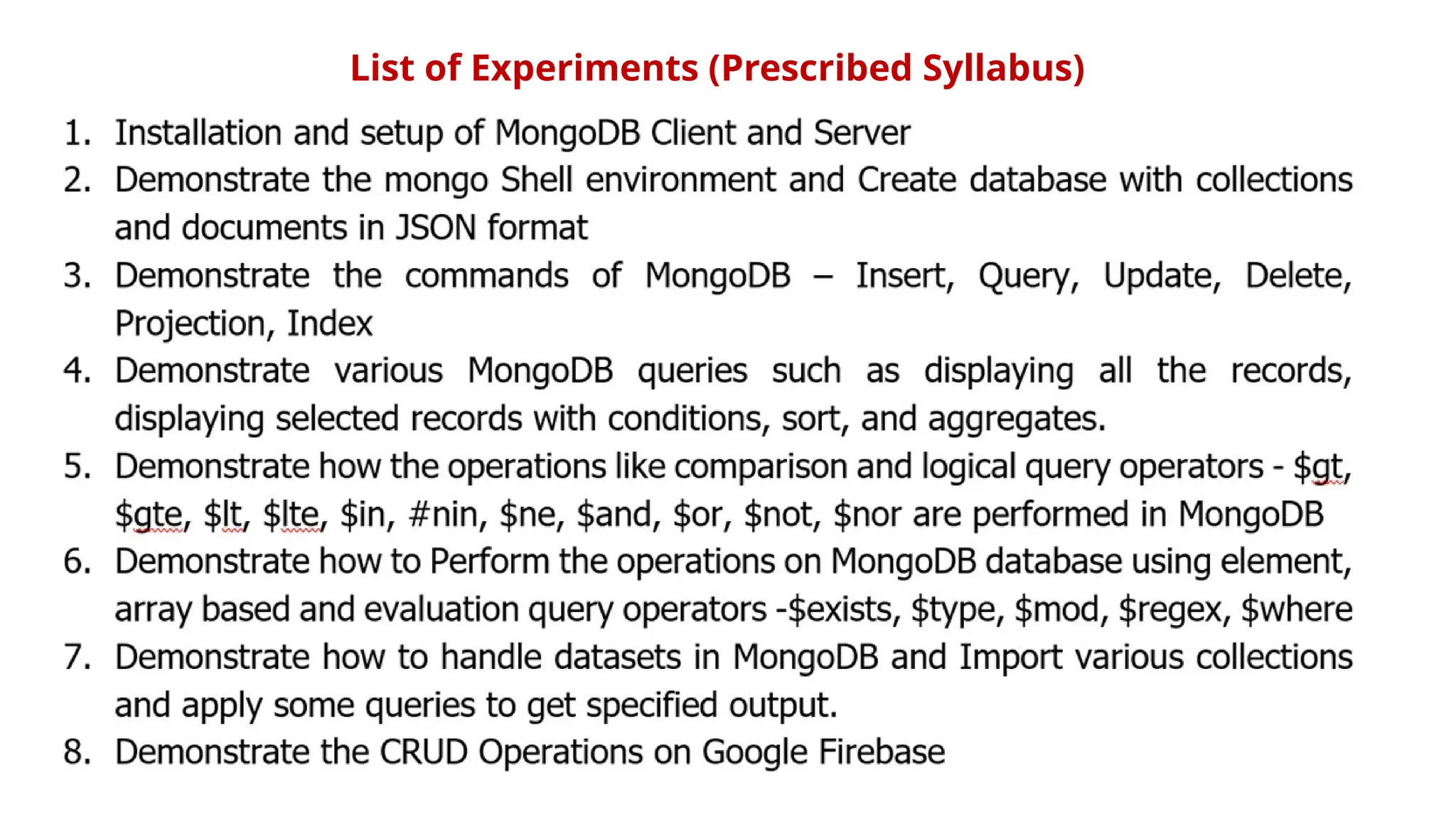 List of Experiments (Prescribed Syllabus)
 