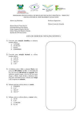 Lista de Exercícios de Notação Científica, PDF, Matemática