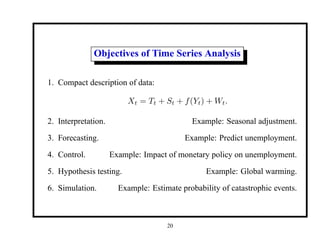 Objectives of Time Series Analysis
1. Compact description of data:
Xt = Tt + St + f(Yt) + Wt.
2. Interpretation. Example: Seasonal adjustment.
3. Forecasting. Example: Predict unemployment.
4. Control. Example: Impact of monetary policy on unemployment.
5. Hypothesis testing. Example: Global warming.
6. Simulation. Example: Estimate probability of catastrophic events.
20
 