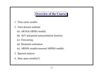 Overview of the Course
1. Time series models
2. Time domain methods
(a) AR/MA/ARMA models.
(b) ACF and partial autocorrelation function.
(c) Forecasting
(d) Parameter estimation
(e) ARIMA models/seasonal ARIMA models
3. Spectral analysis
4. State space models(?)
22
 