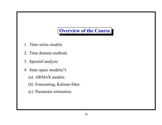 Overview of the Course
1. Time series models
2. Time domain methods
3. Spectral analysis
4. State space models(?)
(a) ARMAX models.
(b) Forecasting, Kalman filter.
(c) Parameter estimation.
24
 
