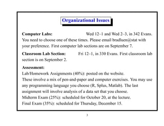 Organizational Issues
Computer Labs: Wed 12–1 and Wed 2–3, in 342 Evans.
You need to choose one of these times. Please email bradluen@stat with
your preference. First computer lab sections are on September 7.
Classroom Lab Section: Fri 12–1, in 330 Evans. First classroom lab
section is on September 2.
Assessment:
Lab/Homework Assignments (40%): posted on the website.
These involve a mix of pen-and-paper and computer exercises. You may use
any programming language you choose (R, Splus, Matlab). The last
assignment will involve analysis of a data set that you choose.
Midterm Exam (25%): scheduled for October 20, at the lecture.
Final Exam (35%): scheduled for Thursday, December 15.
3
 