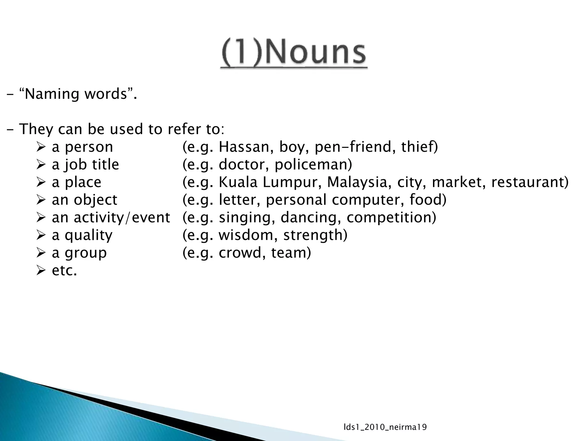 - “Naming words”. 
- They can be used to refer to: 
 a person (e.g. Hassan, boy, pen-friend, thief) 
 a job title (e.g. doctor, policeman) 
 a place (e.g. Kuala Lumpur, Malaysia, city, market, restaurant) 
 an object (e.g. letter, personal computer, food) 
 an activity/event (e.g. singing, dancing, competition) 
 a quality (e.g. wisdom, strength) 
 a group (e.g. crowd, team) 
 etc. 
lds1_2010_neirma19 
 