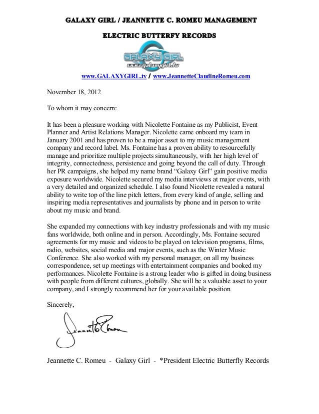 recommendation for publicist event planner artist relations manager recommendation letter for manager