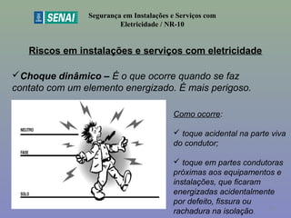 Riscos em instalações e serviços com eletricidade
Segurança em Instalações e Serviços com
Eletricidade / NR-10
Choque dinâmico – É o que ocorre quando se faz
contato com um elemento energizado. É mais perigoso.
Como ocorre:
 toque acidental na parte viva
do condutor;
 toque em partes condutoras
próximas aos equipamentos e
instalações, que ficaram
energizadas acidentalmente
por defeito, fissura ou
rachadura na isolação.
29
 