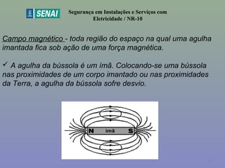 Segurança em Instalações e Serviços com
Eletricidade / NR-10
Campo magnético - toda região do espaço na qual uma agulha
imantada fica sob ação de uma força magnética.
 A agulha da bússola é um ímã. Colocando-se uma bússola
nas proximidades de um corpo imantado ou nas proximidades
da Terra, a agulha da bússola sofre desvio.
55
 