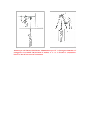 A indefinição do fator de segurança e sua responsabilidade devem ficar a cargo do fabricante dos
equipamentos o que poderá ser consignado no próprio CA do EPI, ou, no caso de equipamentos
acessórios, em documento próprio do mesmo.
 