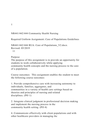1
NR441/442/444 Community Health Nursing
Required Uniform Assignment: Care of Populations Guidelines
NR441/442/444 RUA: Care of Populations_V2.docx
Revised: 05/2019
11
Purpose
The purpose of this assignment is to provide an opportunity for
students to work collaboratively while applying
community health concepts and the nursing process to the care
of a population.
Course outcomes: This assignment enables the student to meet
the following course outcomes:
1. Provide comprehensive care with increasing autonomy to
individuals, families, aggregates, and
communities in a variety of health care settings based on
theories and principles of nursing and related
disciplines. (PO 1)
2. Integrate clinical judgment in professional decision making
and implement the nursing process in the
community health setting. (PO 4)
4. Communicate effectively with client populations and with
other healthcare providers in managing the
 