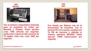 1950 
UNIVAC 
Fue la primera computadora diseñada 
para un propósito no militar por 
Mauchly y Presper. Podía ejecutar 
unos 1000 cálculos por segundo, 
podía hacer sumas de dos números de 
10 dígitos cada uno, unas 1000 por 
segundo. 
1953 
IBM 701 
Fue ideada por Watson Lab de la 
Universidad de Columbia. Fue la 
primera PC en el mundo, contaba con 
16 KB de memoria y utilizaba el 
sistema operativo MS-DOS. Podía 
ejecutar 17000 instrucciones por 
segundo. 
MIERCOLES 10 DE DICIEMBRE DEL 2014 LOS CUERNITOS 
1I 
 