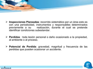 Inspecciones Planeadas : recorrido sistemático por un área esto es con una periodicidad, instrumentos y responsables determinados previamente a su  realización, durante el cual se pretende identificar condiciones subestandar. Perdidas  : toda lesión personal o daño ocasionado a la propiedad, al ambiente o al proceso. Potencial de Perdida : gravedad, magnitud y frecuencia de las perdidas que pueden ocasionar un accidente. 