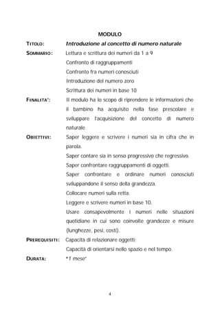 MODULO
TITOLO :

Introduzione al concetto di numero naturale

SOMMARIO :

Lettura e scrittura dei numeri da 1 a 9
Confronto di raggruppamenti
Confronto fra numeri conosciuti
Introduzione del numero zero
Scrittura dei numeri in base 10

FINALITA’:

Il modulo ha lo scopo di riprendere le informazioni che
il bambino ha acquisito nella fase prescolare e
sviluppare

l’acquisizione

del

concetto

di

numero

naturale
OBIETTIVI:

Saper leggere e scrivere i numeri sia in cifra che in
parola.
Saper contare sia in senso progressivo che regressivo.
Saper confrontare raggruppamenti di oggetti.
Saper

confrontare

e

ordinare

numeri

conosciuti

sviluppandone il senso della grandezza.
Collocare numeri sulla retta.
Leggere e scrivere numeri in base 10.
Usare consapevolmente i numeri nelle situazioni
quotidiane in cui sono coinvolte grandezze e misure
(lunghezze, pesi, costi).
PREREQUISITI:

Capacità di relazionare oggetti;
Capacità di orientarsi nello spazio e nel tempo.

DURATA:

“1 mese”

4

 