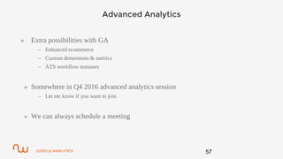 GOOGLE ANALYTICS
Advanced Analytics
» Extra possibilities with GA
– Enhanced ecommerce
– Custom dimensions & metrics
– ATS workflow statusses
» Somewhere in Q4 2016 advanced analytics session
– Let me know if you want to join
» We can always schedule a meeting
57
 