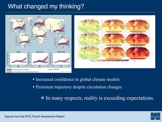 What changed my thinking? Increased confidence in global climate models In many respects, reality is exceeding expectations. Figures from the IPCC Fourth Assessment Report Persistent trajectory despite circulation changes 
